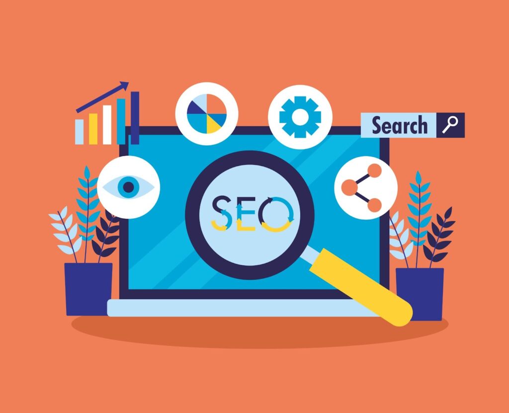 Magnifying glass showing "SEO" on a laptop screen, surrounded by icons for search, analytics, sharing, and optimization, representing digital marketing.