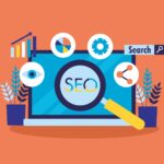 Magnifying glass showing "SEO" on a laptop screen, surrounded by icons for search, analytics, sharing, and optimization, representing digital marketing.