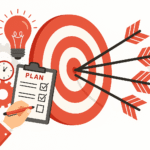 A hand holding a pen above a dartboard with a target and arrows, symbolizing strategies for generating leads.