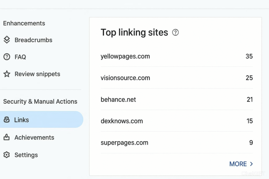 Screenshot of the top linking sites section in Google search results, displaying popular websites linked to the search query.