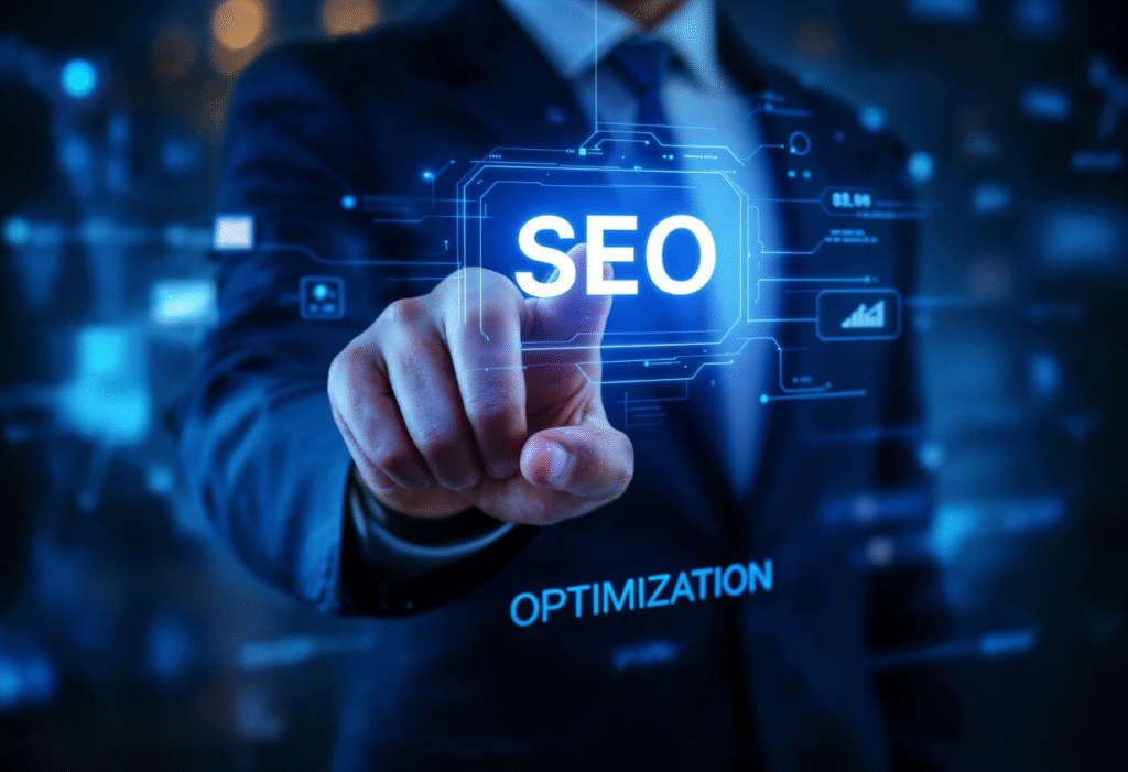 Illustration showing SEO optimization as a core part of digital marketing, highlighting how it improves website ranking, visibility, and performance online