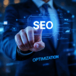 Illustration showing SEO optimization as a core part of digital marketing, highlighting how it improves website ranking, visibility, and performance online
