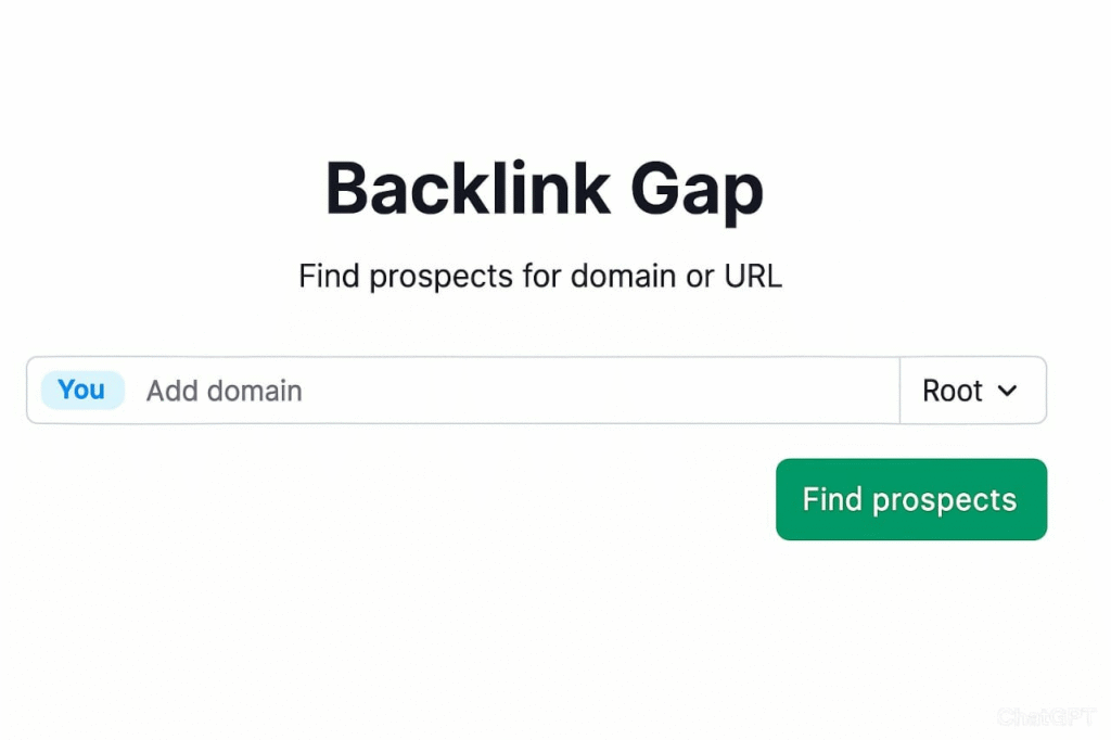 Backlink gap tool interface displaying options to find backlinks for a specific domain or URL.