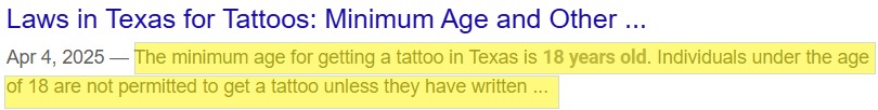 Minimum age for tattooing is 18, with additional guidelines and regulations displayed in the image.