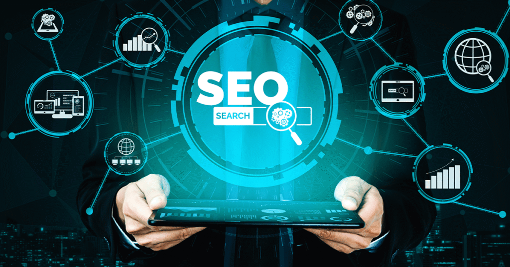Person working on a laptop with digital SEO icons, representing off-page SEO strategies.