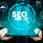 Person working on a laptop with digital SEO icons, representing off-page SEO strategies.