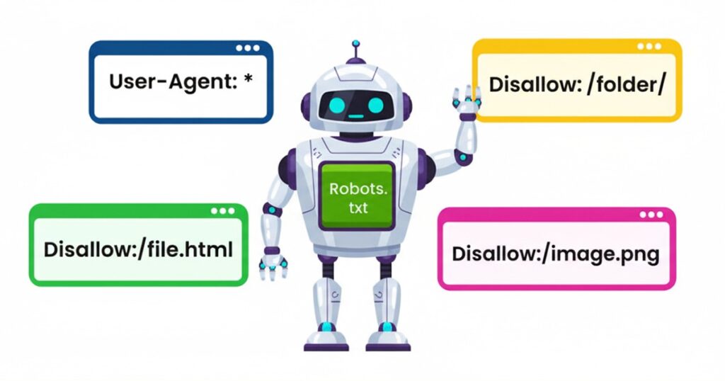 A robot points to a text box labeled "user agent," highlighting its role in search engine indexing.