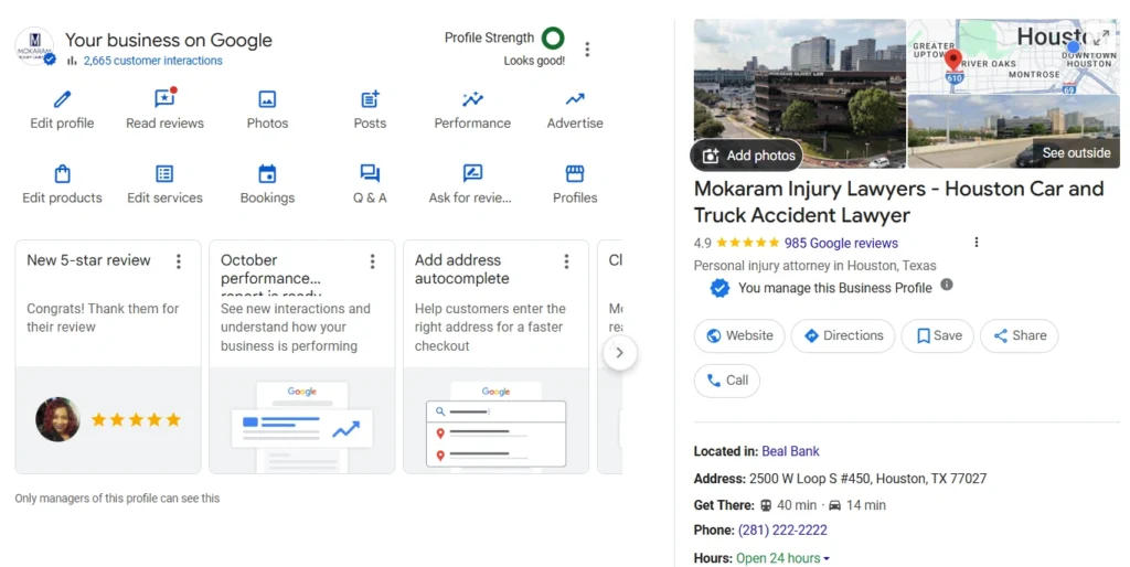 Google Business Profile for Mokaram Injury Lawyers showing reviews and details