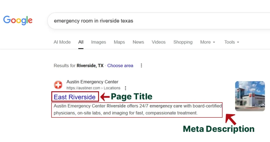 Google search result highlighting page title and meta description.
