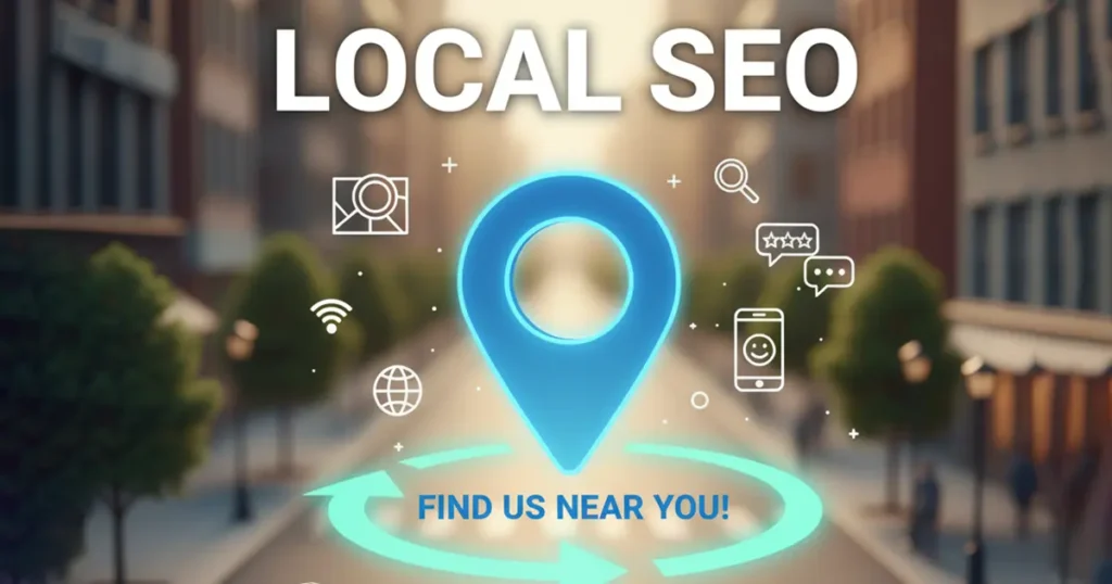 Blue location pin promoting local SEO and visibility