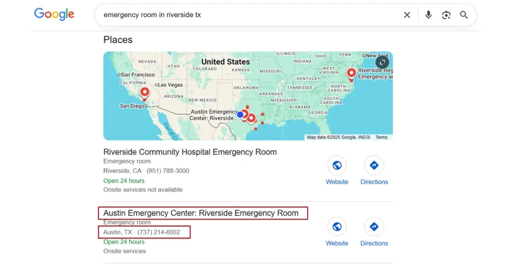 Google search results page displaying listings for emergency room services with NAP citations highlighted 