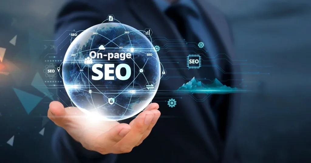 Businessman holding a digital sphere displaying on-page SEO