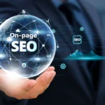 Businessman holding a digital sphere displaying on-page SEO