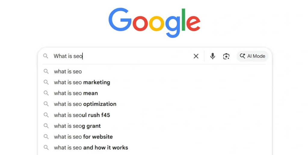 A screenshot of Google search with "what is seo" autocomplete predictions.