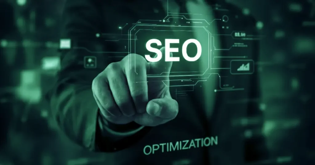 Finger pressing a digital SEO optimization button.