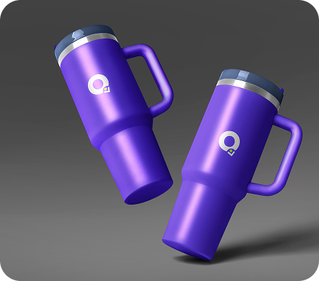 Two purple travel mugs featuring the Q logo prominently displayed on each mug.