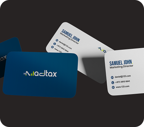 Business cards featuring the MadTax logo, showcasing a professional design and branding elements.