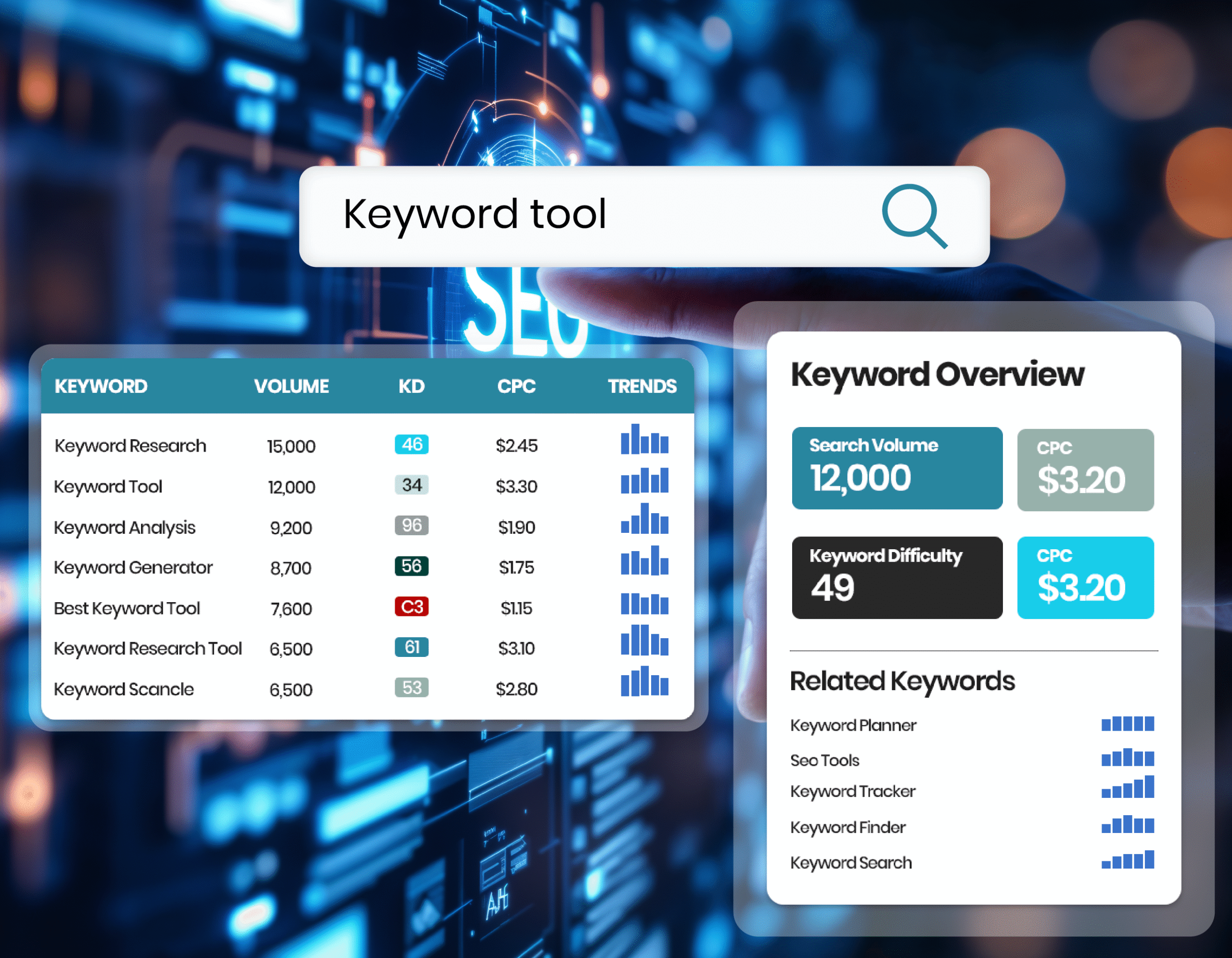 Overview of a keyword tool displaying features and functionalities for effective keyword research and analysis.