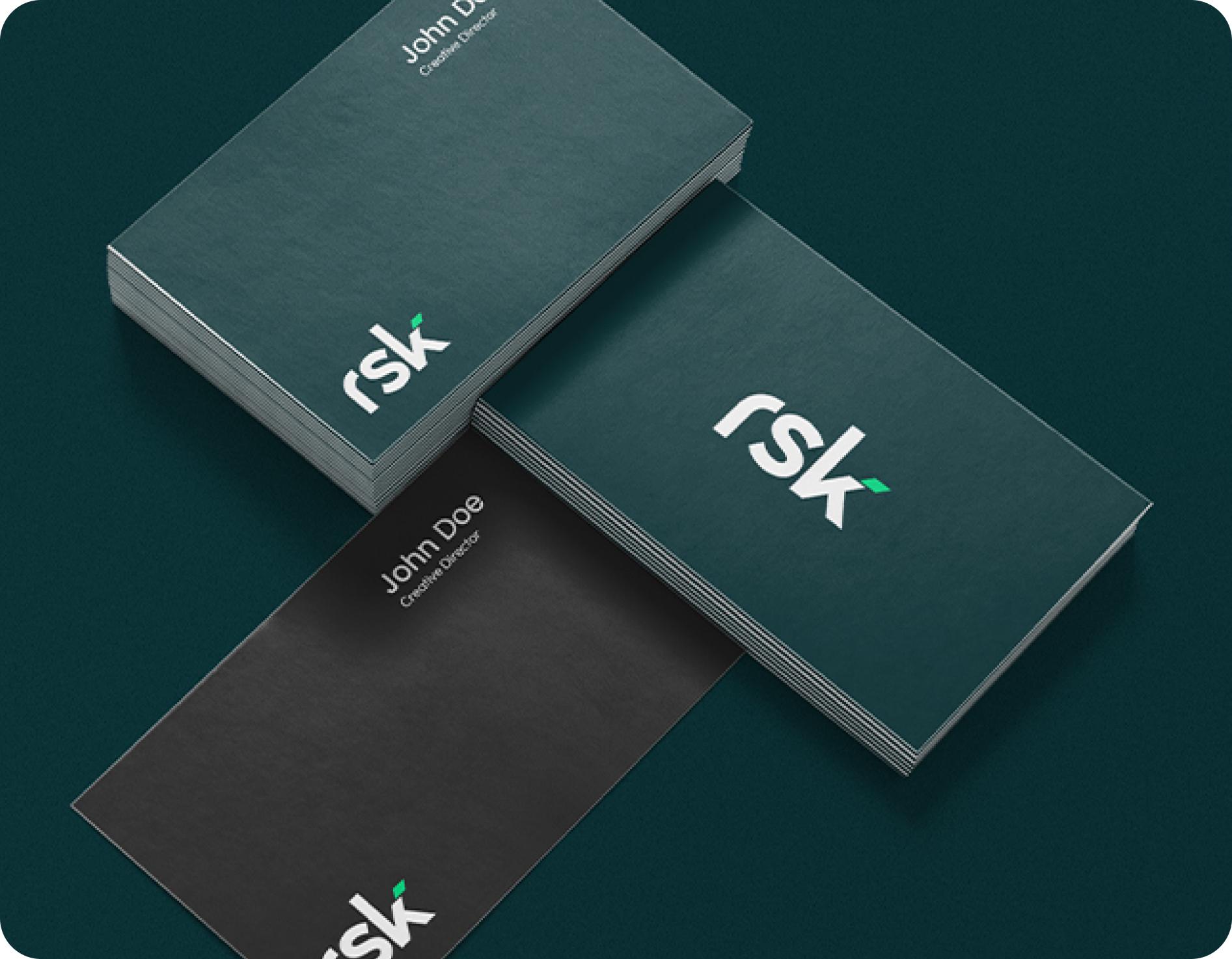 Business cards featuring the RSK logo, showcasing a professional design and branding elements.