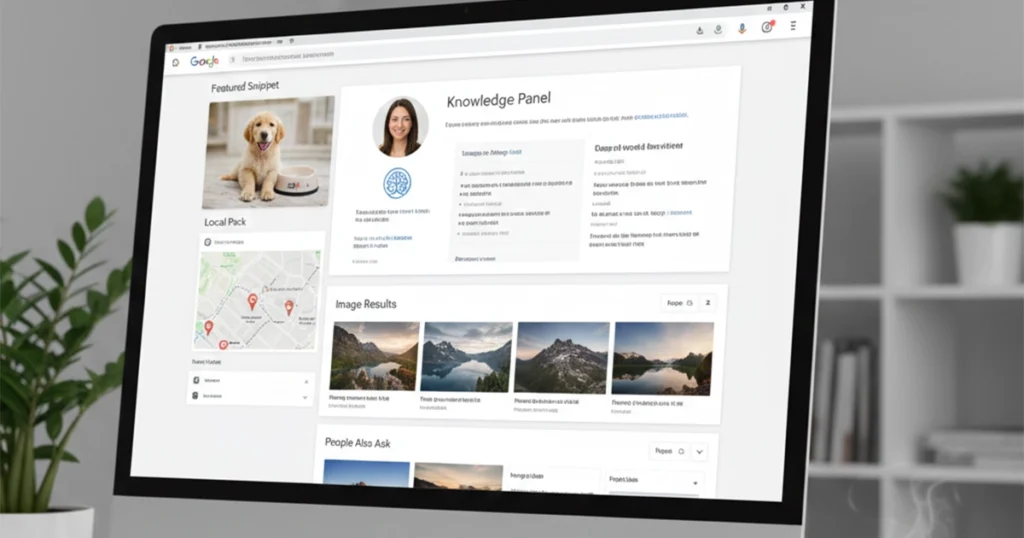 Comprehensive desktop layout showing multiple Google SERP feature blocks.