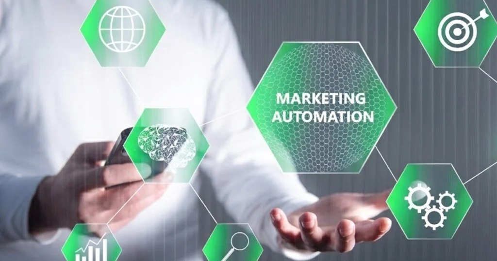 Marketing automation icons over a smartphone user.