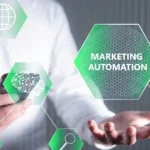 Marketing automation icons over a smartphone user.