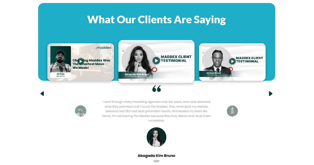 Client testimonials showcasing successful business marketing strategies.