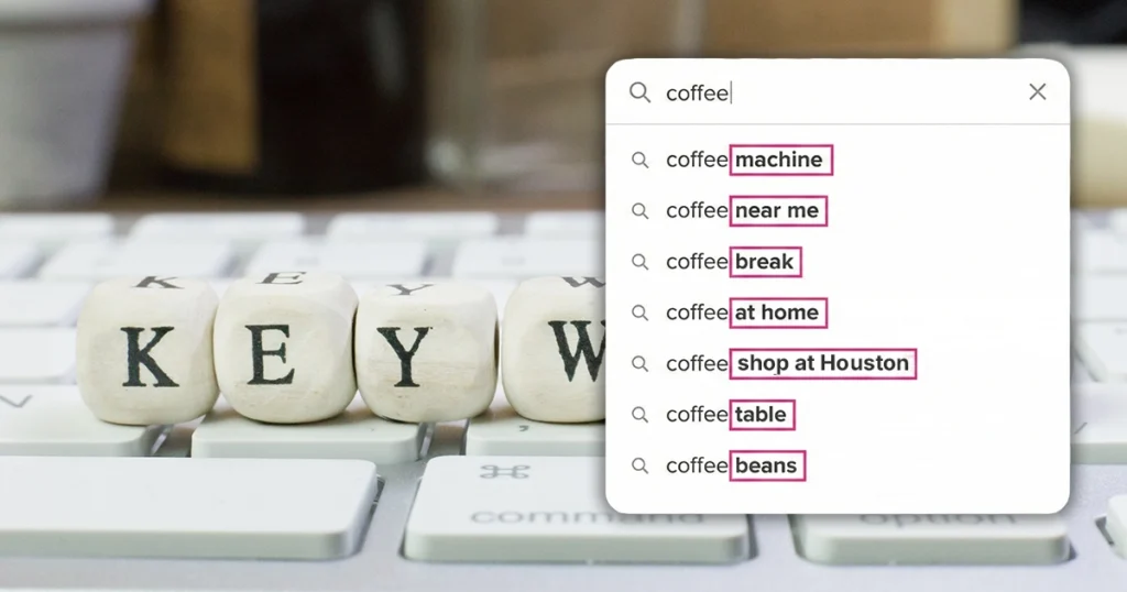 Search bar showing coffee keyword suggestions highlighted on screen over keyboard keys spelling “KEYWORD.”
