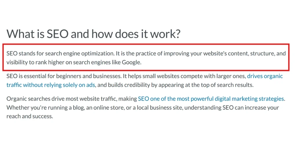 SEO definition explaining search engine optimization and organic traffic.