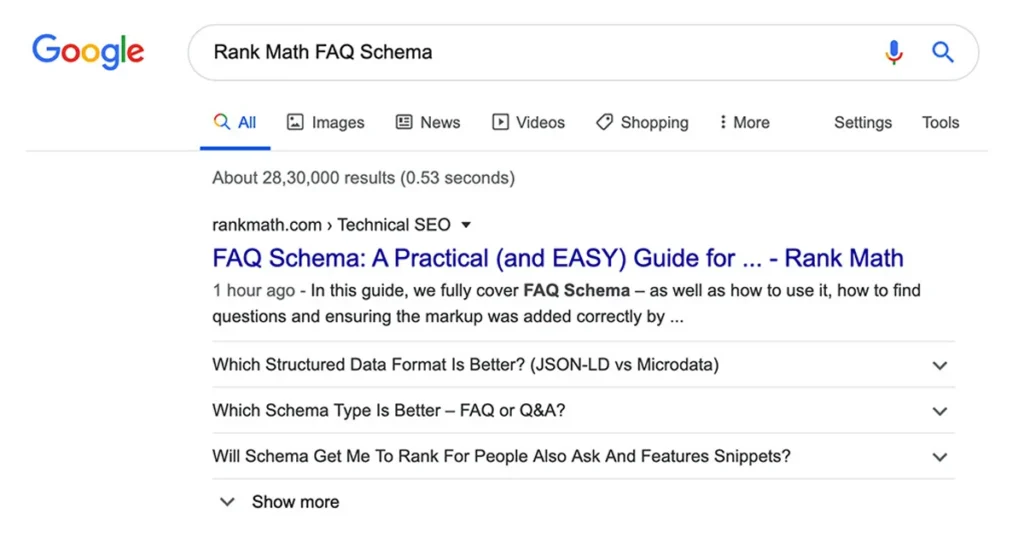 A screenshot of a Google Search results page showing a rich snippet with FAQ Schema markup, featuring expandable question-and-answer accordions for Rank Math.