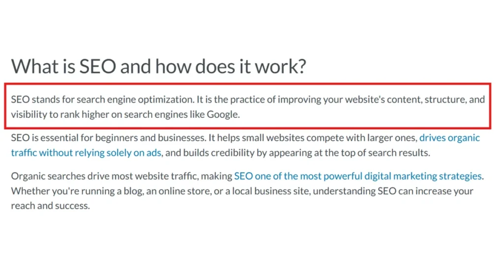 A text-based graphic defining Search Engine Optimization (SEO) as the practice of improving website content, structure, and visibility to rank higher on search engines.