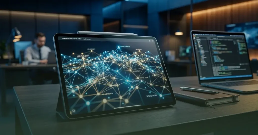 A digital tablet on a desk displays a complex network visualization titled "Link Building Visualizer," with a laptop showing code in the background.