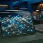 A digital tablet on a desk displays a complex network visualization titled "Link Building Visualizer," with a laptop showing code in the background.