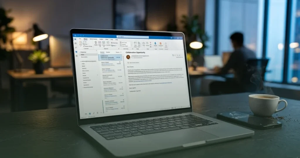 A close-up of a high-end laptop screen showing a professional email draft for SEO outreach, with a steaming cup of coffee and a smartphone on a minimalist desk in a blurred modern office.