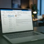 A close-up of a high-end laptop screen showing a professional email draft for SEO outreach, with a steaming cup of coffee and a smartphone on a minimalist desk in a blurred modern office.