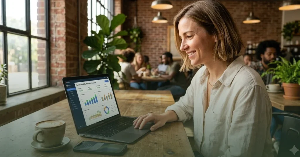 A bright, high-detail lifestyle shot of a small business owner in a modern cafe, using a laptop and smartphone to manage social media ads and analytics.