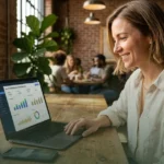 A bright, high-detail lifestyle shot of a small business owner in a modern cafe, using a laptop and smartphone to manage social media ads and analytics.