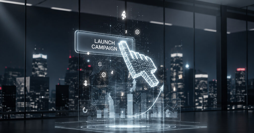 Digital marketing dashboard with a glowing hand launching an online campaign.