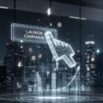 Digital marketing dashboard with a glowing hand launching an online campaign.