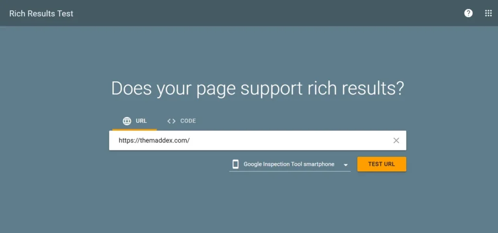 Screenshot of the Google Rich Results Test landing page with a URL input field.