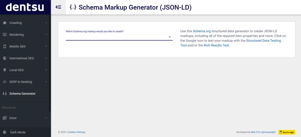 Screenshot of the Dentsu Schema Markup Generator (JSON-LD) interface.