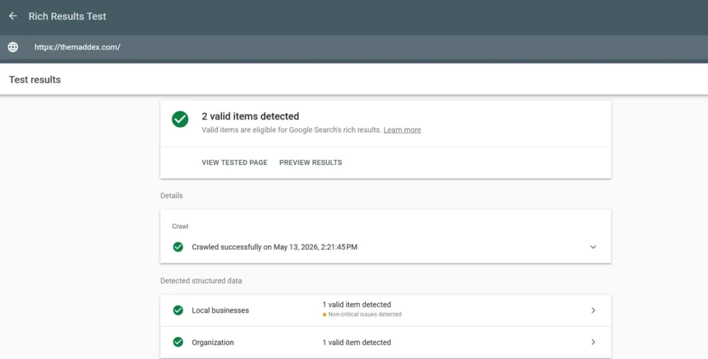 Screenshot of Google Rich Results Test results showing 2 valid items detected for a website.