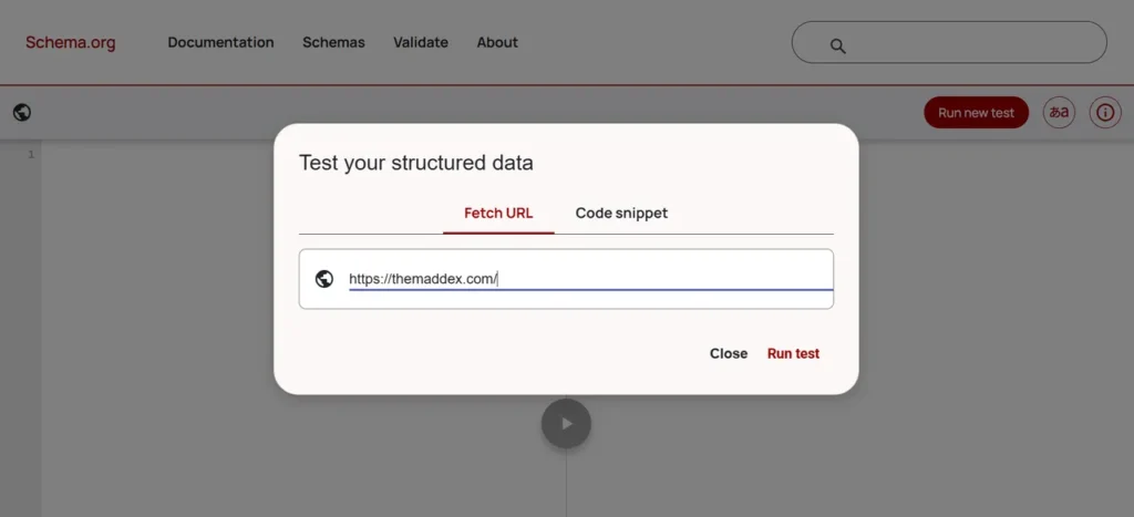 Screenshot of the Schema.org structured data validator with a "Test your structured data" pop-up.