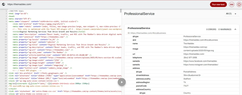 Screenshot of Schema.org validator showing source code on the left and structured data details for "ProfessionalService" on the right.