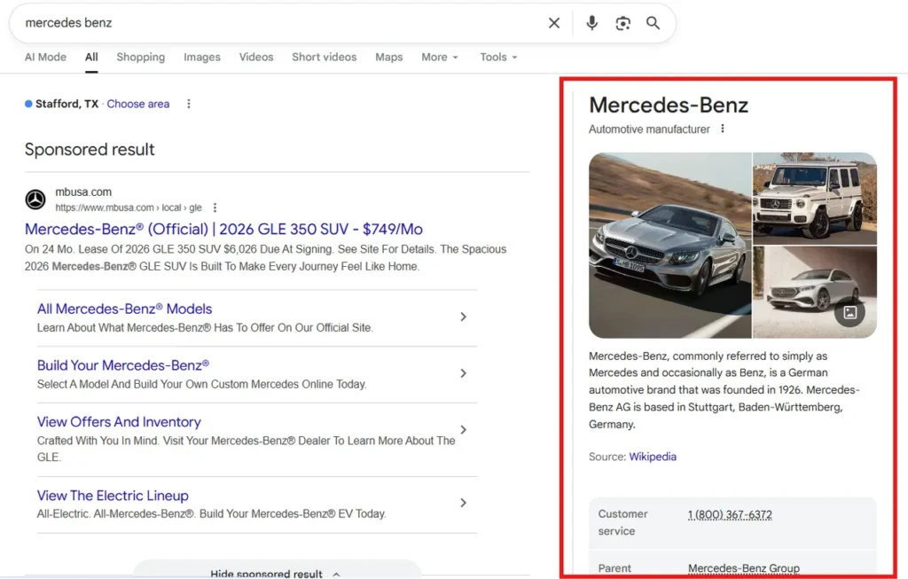 Google search results for "mercedes benz" featuring a knowledge panel with car images and company details.
