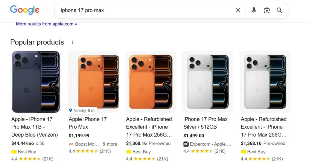 Google search results for "iphone 17 pro max" showing popular product listings with images and prices.