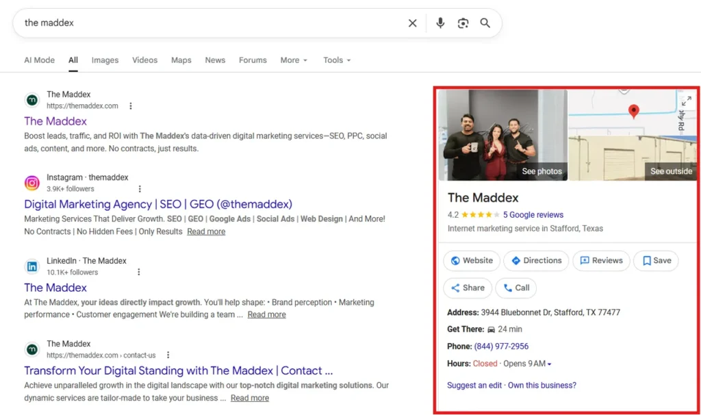 Google search results for "the maddex" with a local business knowledge panel showing photos, map, and contact info.