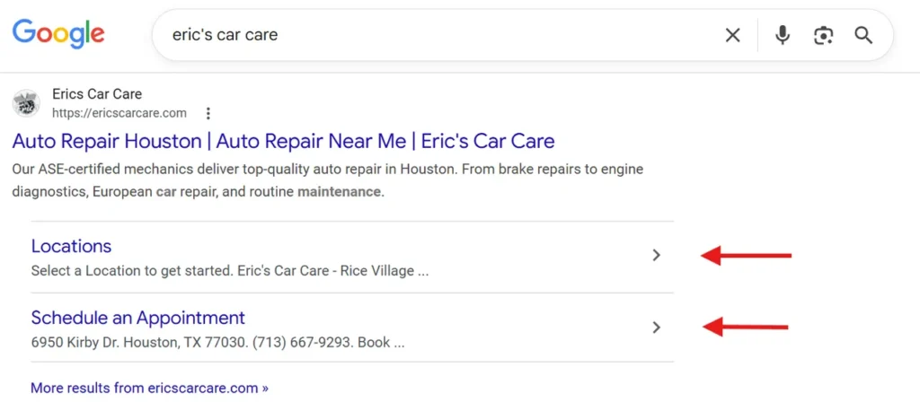 Google search results for "eric's car care" with red arrows pointing to "Locations" and "Schedule an Appointment" links.