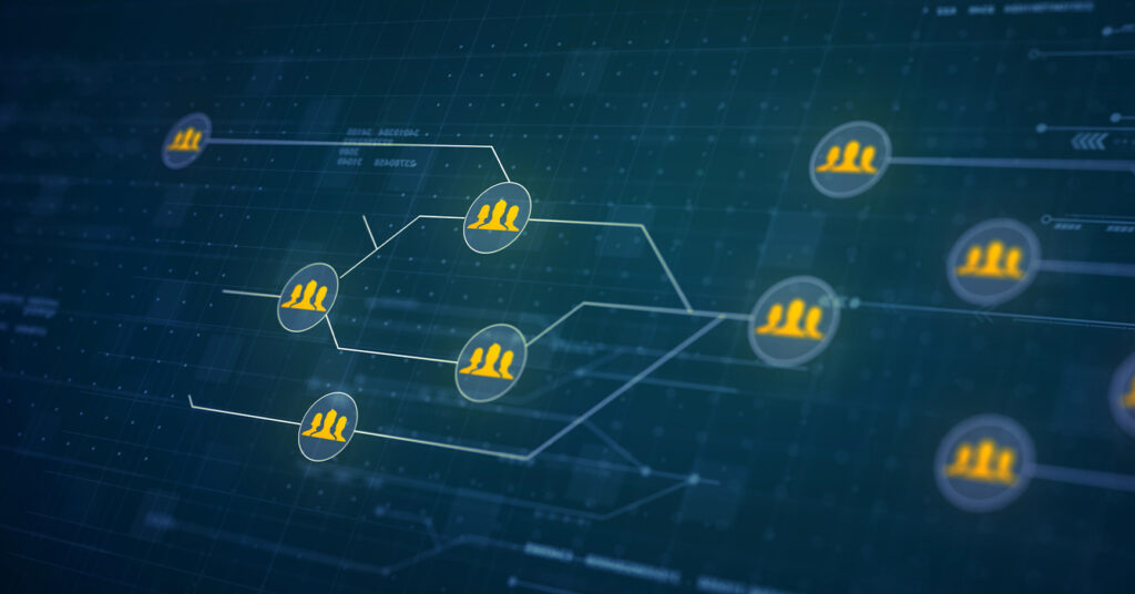 Digital network graph showing schema markup and structured data connection nodes with user icons on a futuristic grid background.