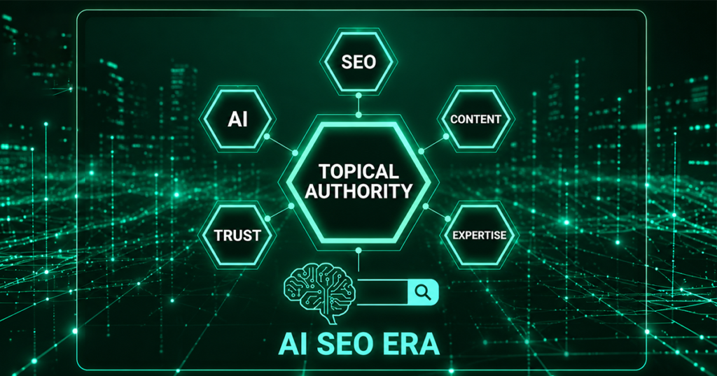 AI SEO topical authority diagram with connected SEO, trust, content, and expertise icons.